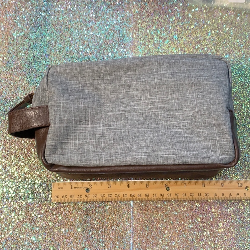 3-$15 Toiletry bag gray cloth brown vegan leather